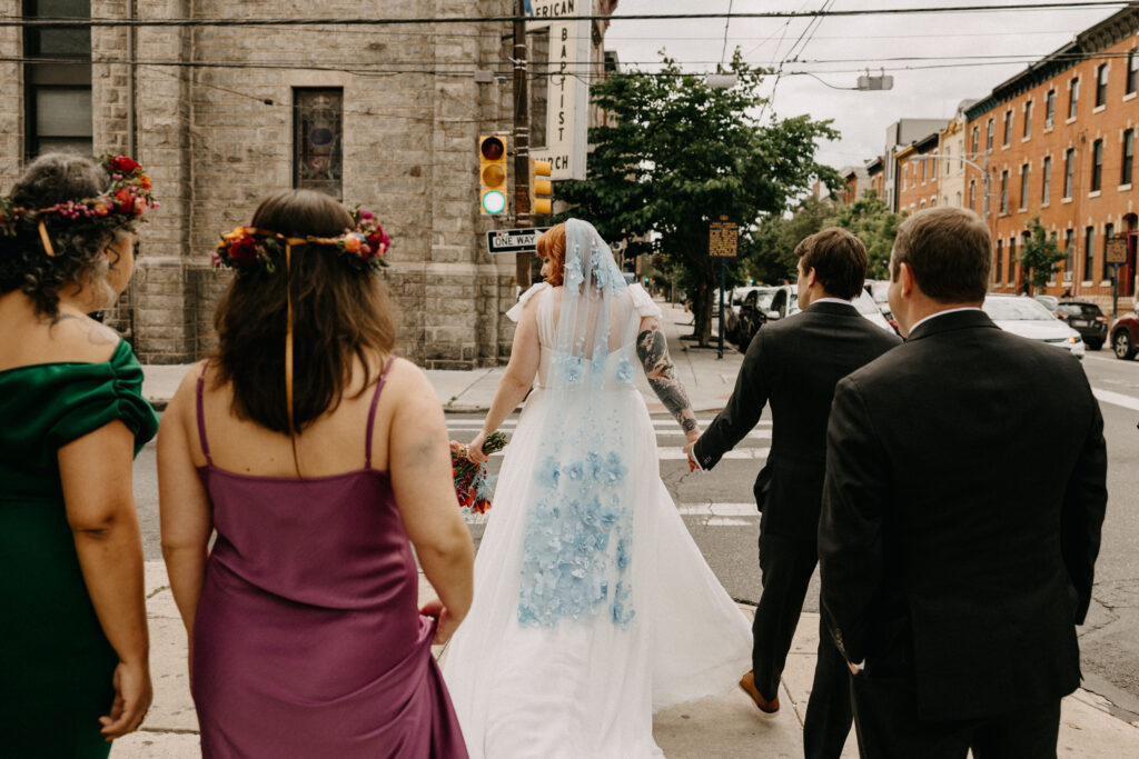 Bridal party on the streets of Philadelphia and documentary wedding photography
